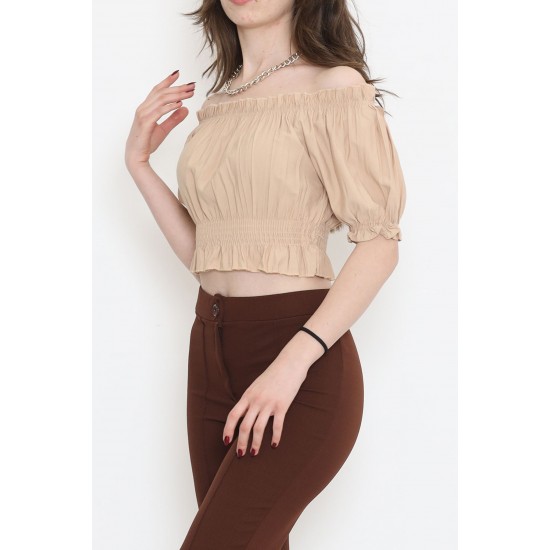 Bel Lastikli Crop Bluz Vizon - 18482.1153.