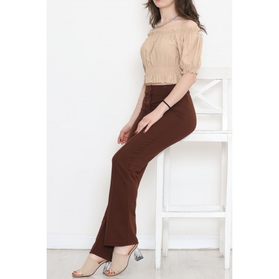 Bel Lastikli Crop Bluz Vizon - 18482.1153.