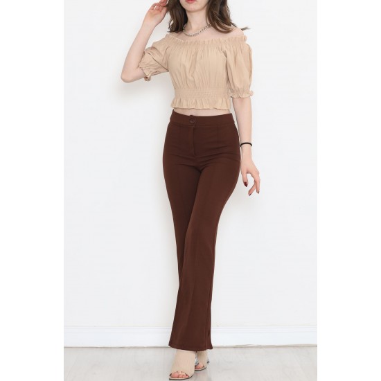 Bel Lastikli Crop Bluz Vizon - 18482.1153.