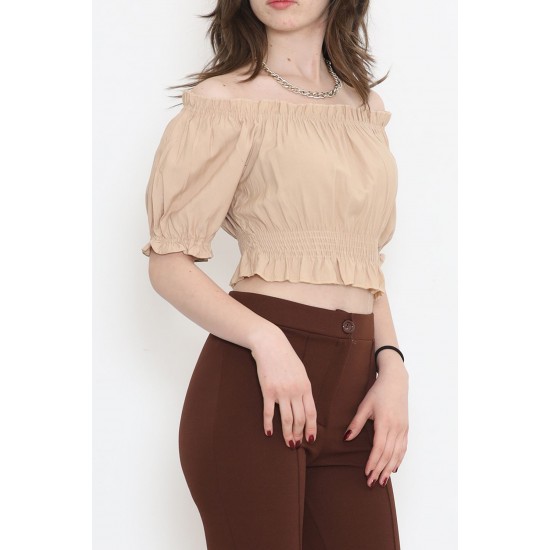 Bel Lastikli Crop Bluz Vizon - 18482.1153.