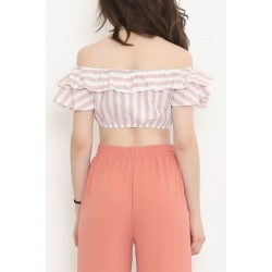 Çizgili Crop Bluz Pudrabeyaz - 18426.631.