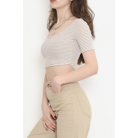 Çizgili Crop Bluz Vizon - 80051.1059.