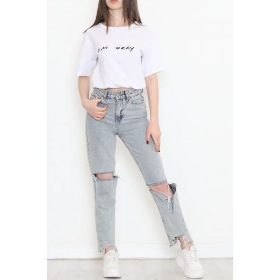 Beli Lastikli Crop Tişört Beyaz - 16550.1567.